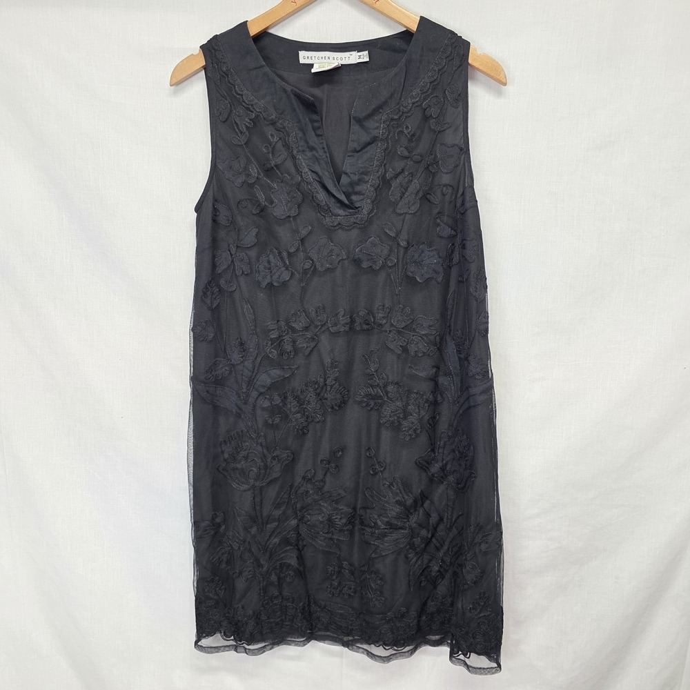 Gretchen Scott Dress Size M Black Sleeveless Mesh Overlay Floral Womens